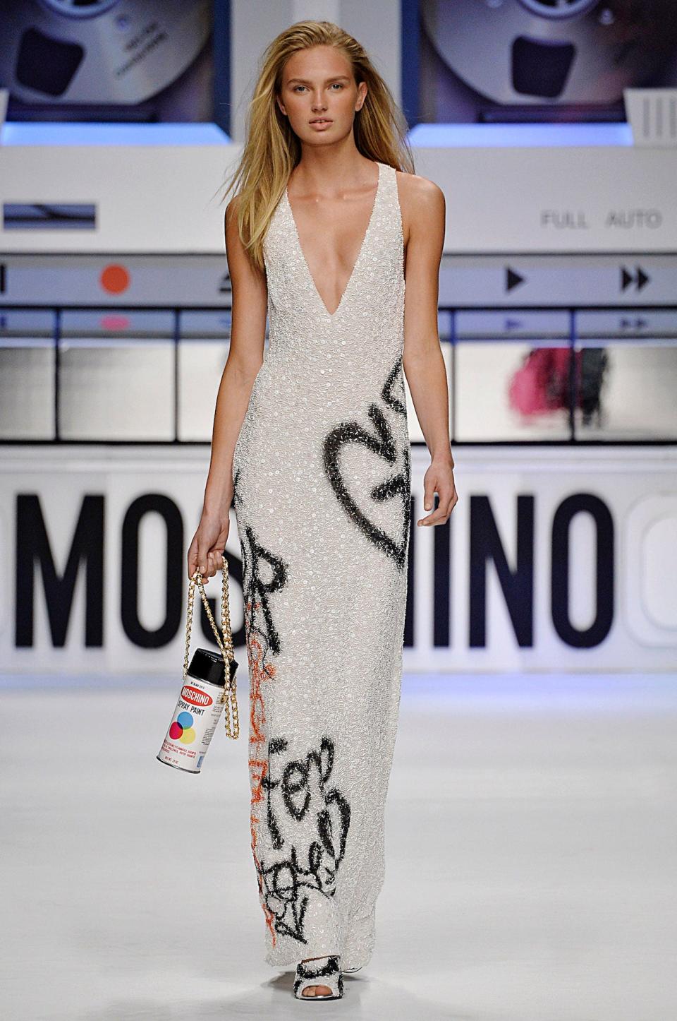 A model walks the runway during Moschino's Autumn/Winter 2015 show.