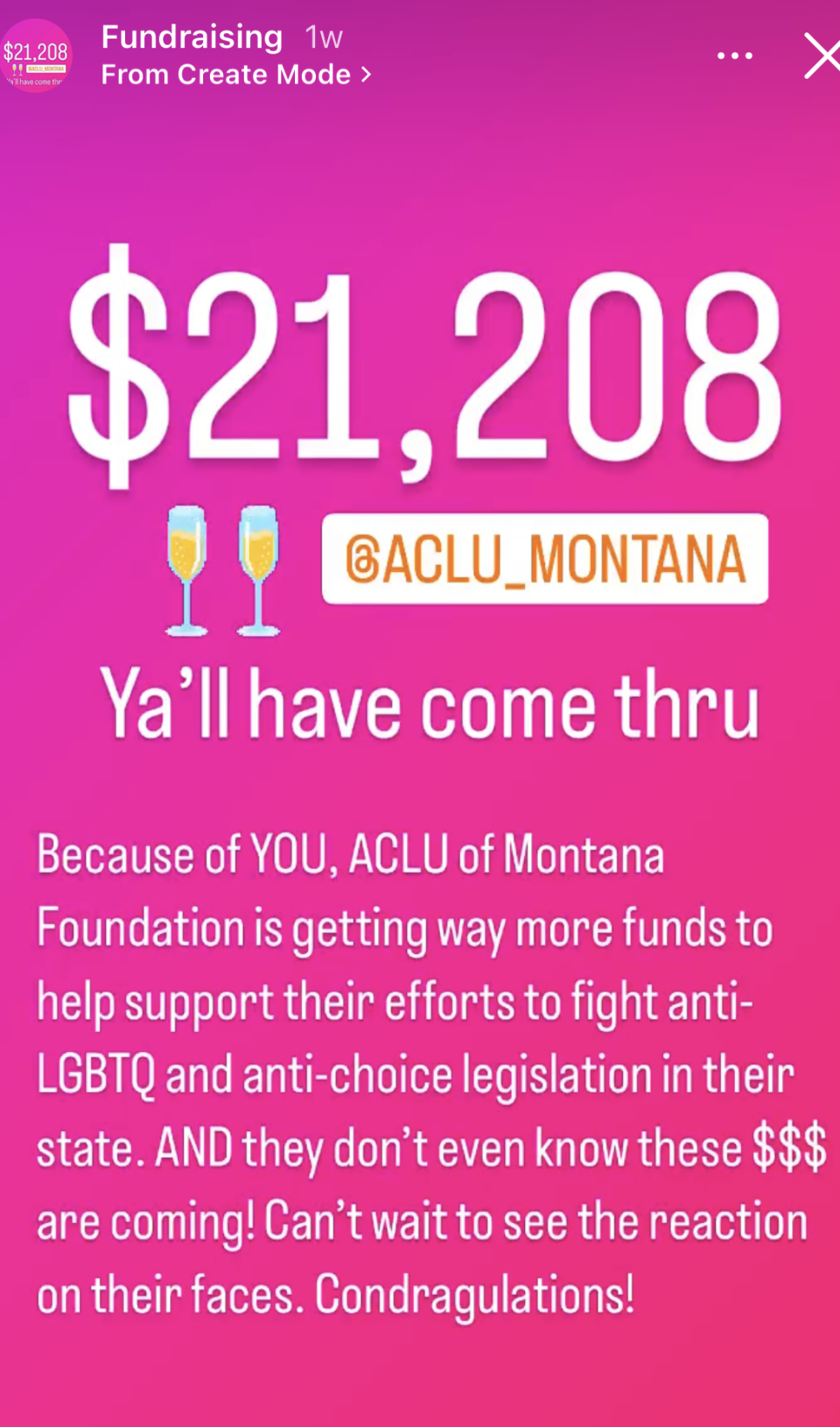 instagram post announcing the money that was raised for the organization