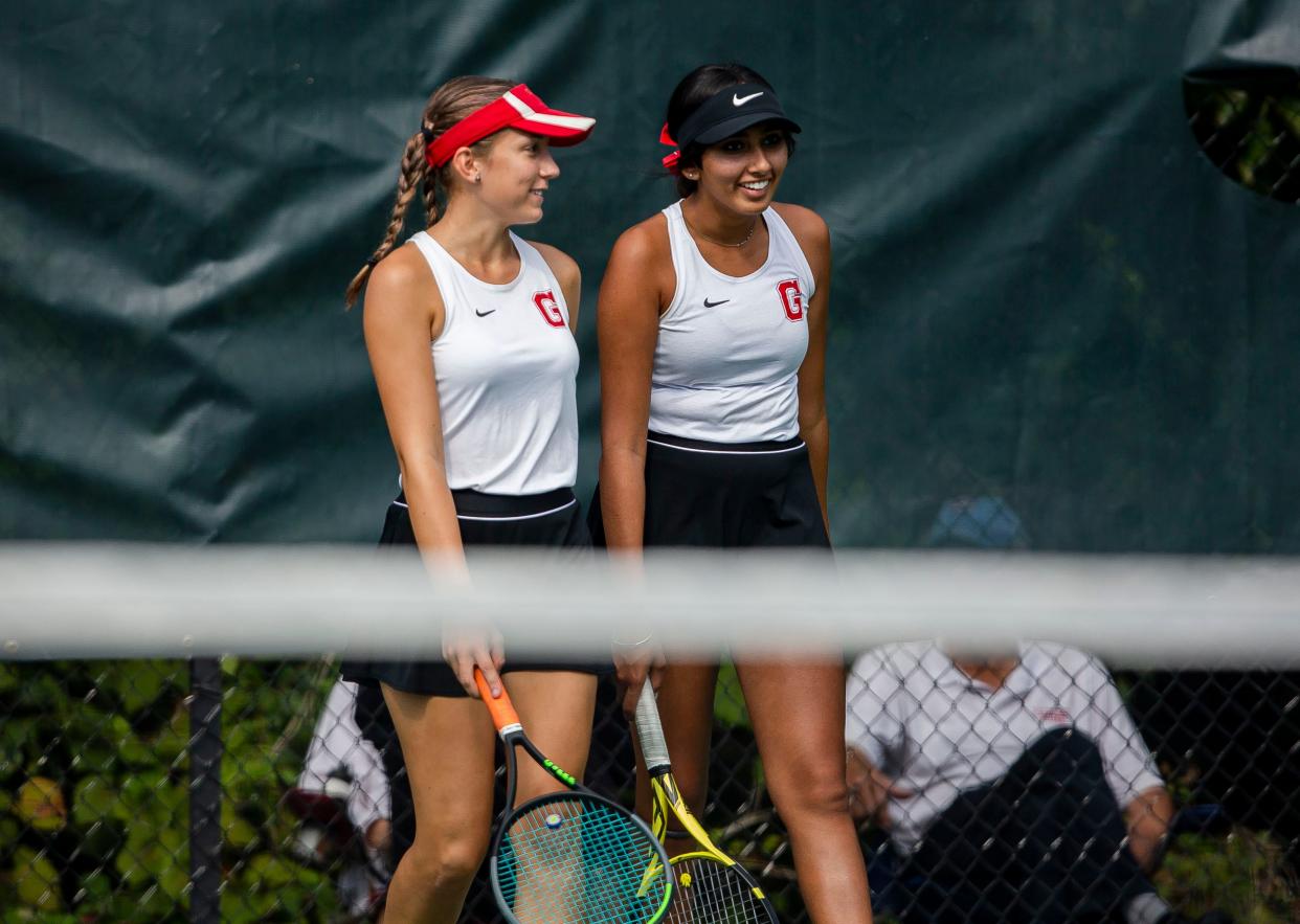 Glenwood’s Amber Ehrlich and Simmi Mander take the court for doubles play during the Girls CS8 Tennis Tournament at Washington Park in Springfield, Ill., Friday, October 8, 2021. [Justin L. Fowler/The State Journal-Register] 