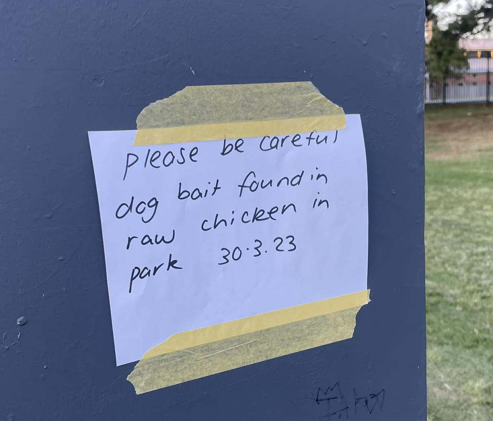 Note warning Sydney residents about dog baits
