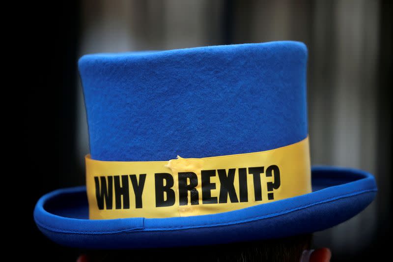 FILE PHOTO: The hat of anti-Brexit protester Steve Bray is pictured outside the gates of Downing Street in London