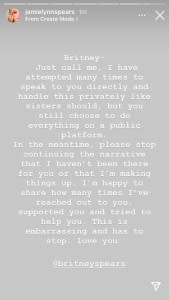 Jamie Lynn Spears Instagram Story message to Britney.