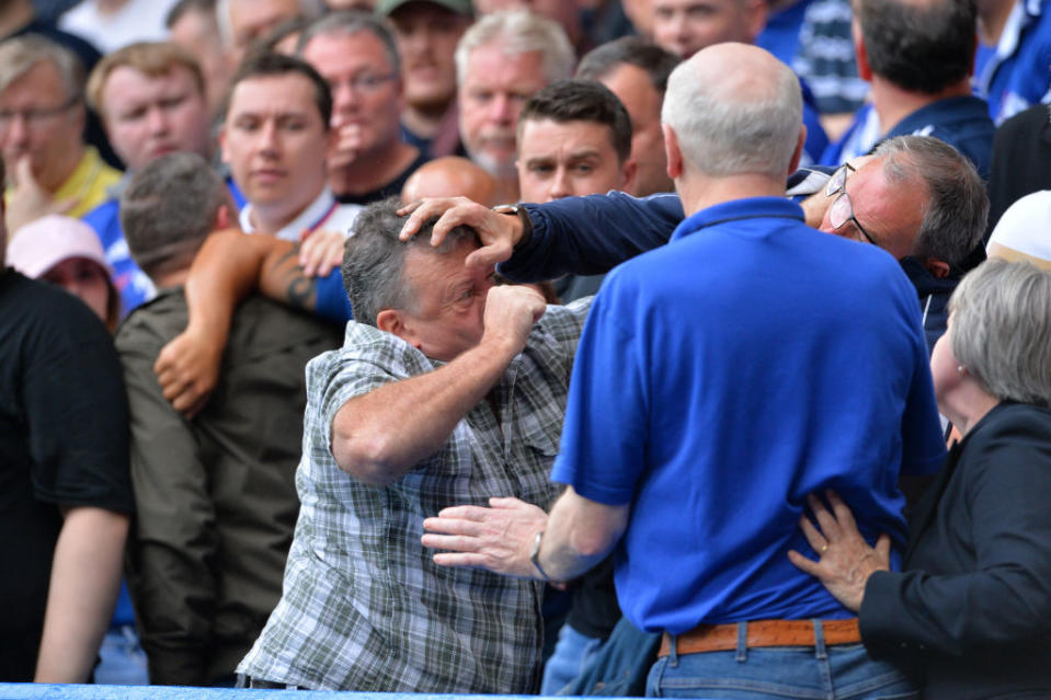 Ugly scenes at Stanford Bridge as a fight breaks out between Chelsea fans. (Photo by Plumb Images/Leicester City FC via Getty Images)