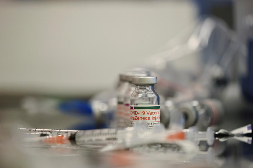 Bottles of the AstraZeneca vaccine against the coronavirus disease (COVID-19) are seen during a vaccination session for elderly people over 85 years old, at a church in Taipei, Taiwan June 15, 2021. REUTERS/Ann Wang