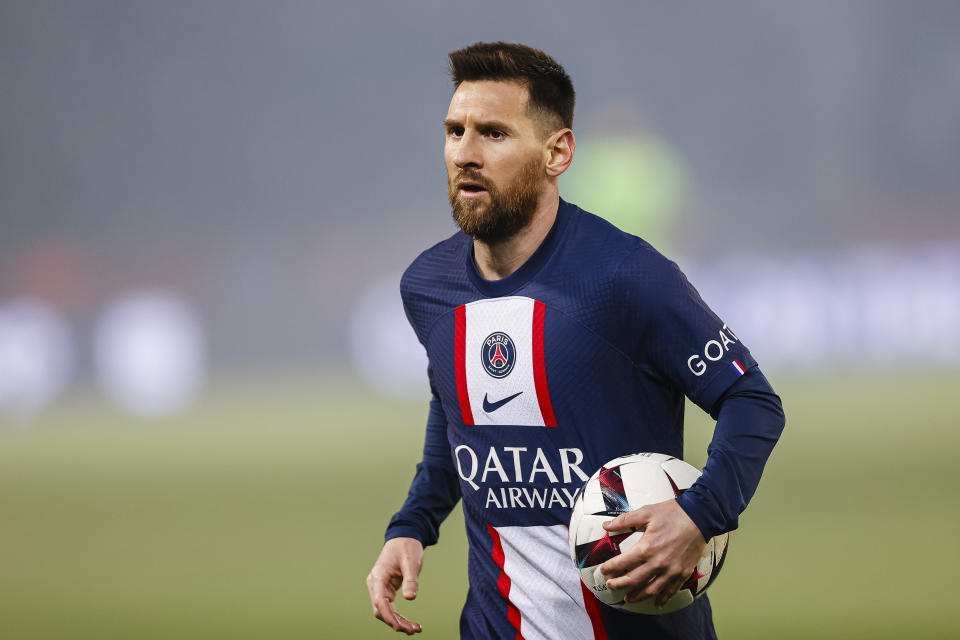 PARIS, FRANCE - APRIL 02: Lionel Messi of Paris Saint Germain runs in the field during the Ligue 1 match between Paris Saint-Germain and Olympique Lyon at Parc des Princes on April 2, 2023 in Paris, France. (Photo by Antonio Borga/Eurasia Sport Images/Getty Images)