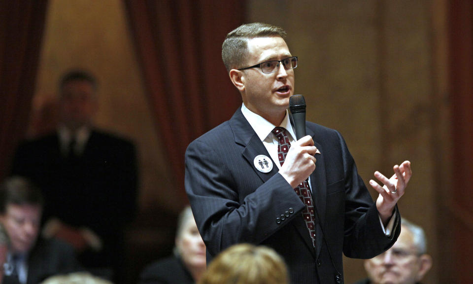 FILE - In this Feb. 8, 2012 file photo, state Rep. Matt Shea, R-Spokane Valley, speaks at the Capitol in Olympia, Wash. Shea faces a legislative investigation and calls for his resignation following media reports he was in a chat group discussing surveillance on progressives. (AP Photo/Elaine Thompson, File)