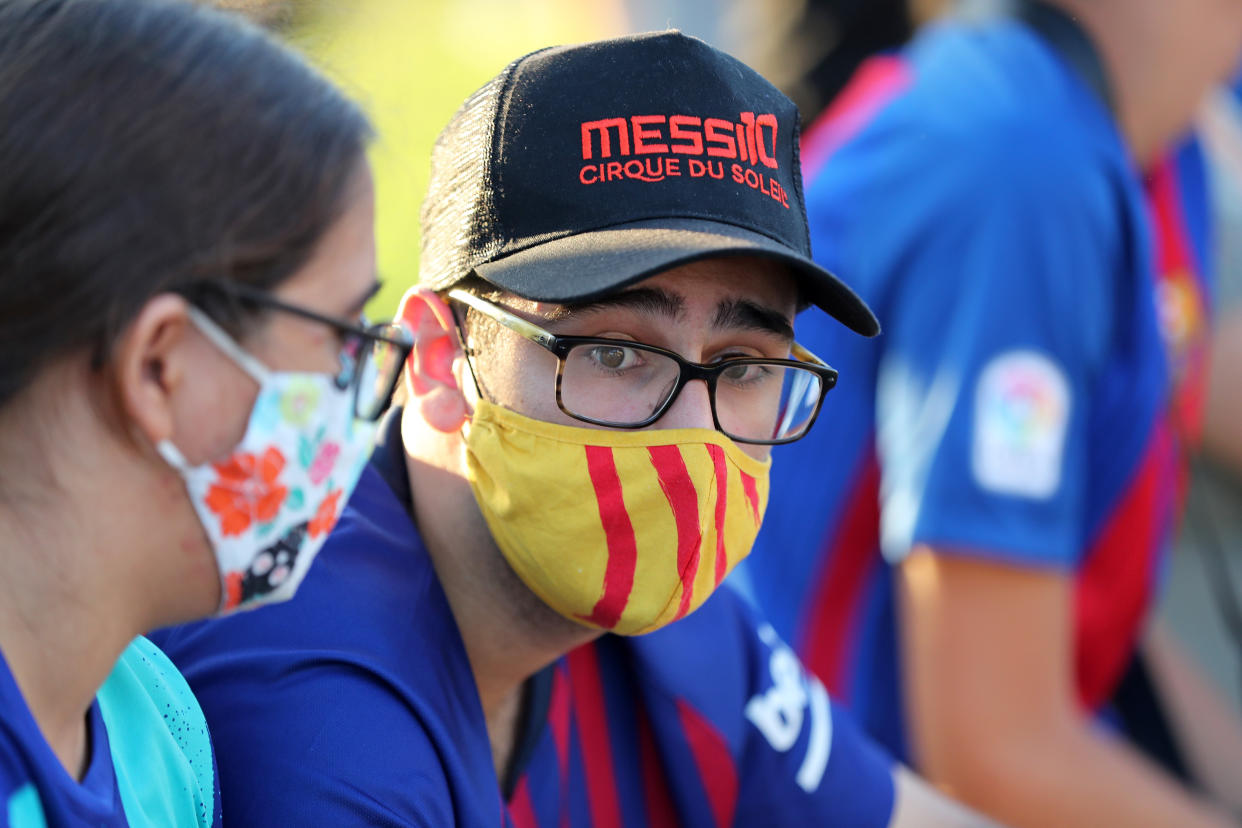 Demonstration in front of the FC Barcelona offices, calling for the resignation of the club's president, Josep Maria Bartomeu, and that Leo Messi does not leave the Barça team, on 26th August 2020.(Photo by Joan Valls/Urbanandsport /NurPhoto via Getty Images)