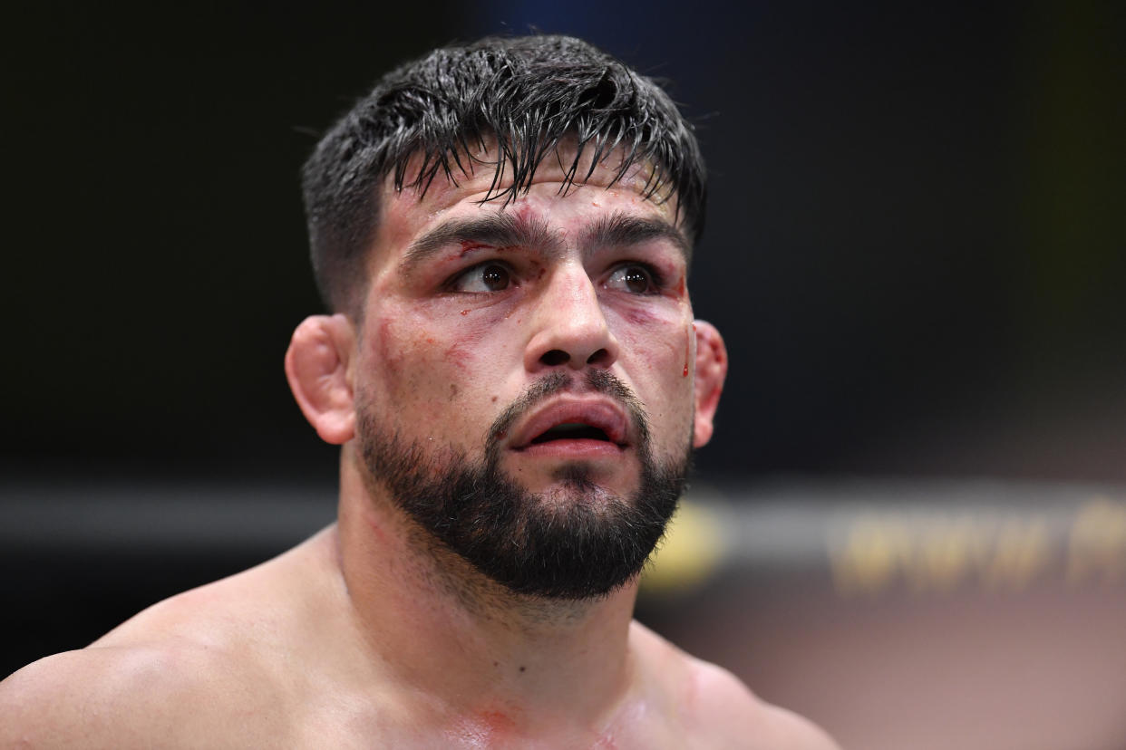 LAS VEGAS, NEVADA - APRIL 17: Kelvin Gastelum reacts after the conclusion of his middleweight fight against Robert Whittaker of Australia during the UFC Fight Night event at UFC APEX on April 17, 2021 in Las Vegas, Nevada. (Photo by Chris Unger/Zuffa LLC)