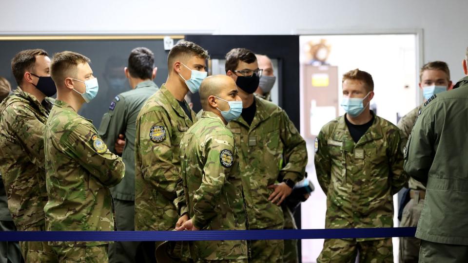 New Zealand military personnel prepare for departure April 13, 2022, in Auckland, New Zealand, as the government sends C-130H transport aircraft to Europe to help move donated military provisions to Ukraine. (Phil Walter/Getty Images)