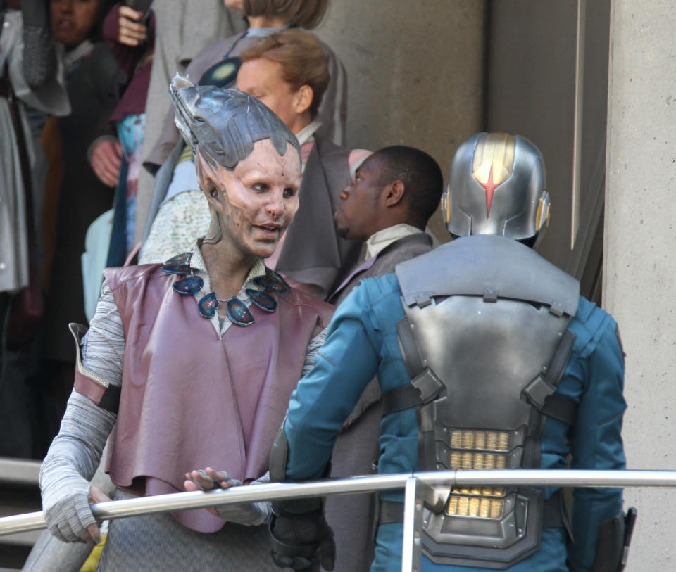 Actors in full make-up filming scenes for "Guardians of the Galaxy" on August 11, 2013 in London, England.