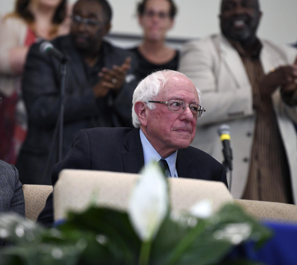 Sen. Bernie Sanders waits to take the stage ahead of a town hall with black lawmakers on Thursday, April 18, 2019, in Spartanburg, S.C. Ahead of the event, Sanders announced 2020 campaign endorsements from seven black South Carolina lawmakers, a show of force in state where black voters comprise more most of the Democratic primary electorate. (AP Photo/Meg Kinnard)