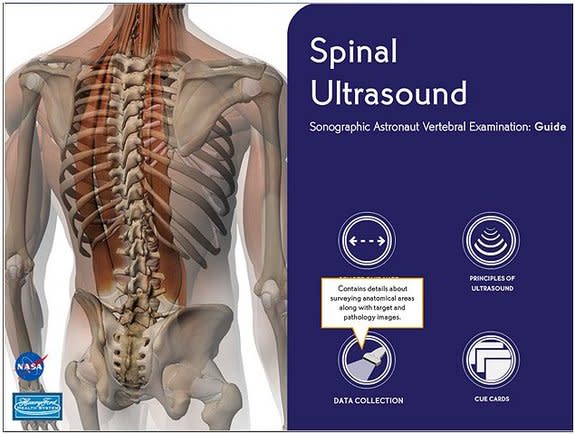 This image shows the opening screen for a training tool used by astronauts to practice taking ultrasound scans of their spines while in space. The study aims to measure how astronauts grow taller while living in microgravity.