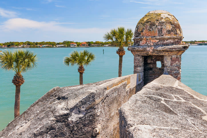 A sentry box turret overlooks Matanzas Bay at the Castillo de San Marcos | Kenneth_Keifer/Getty Images