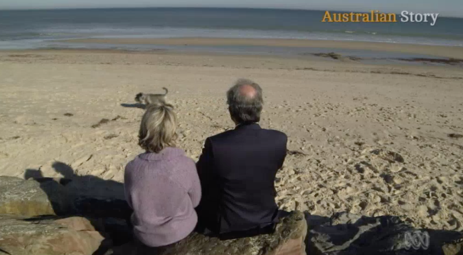 University of Adelaide Professor Derek Abbott and wife, Rachel Egan, sit on Somerton Beach where the man who could prove to be her grandfather was found more than 70 years ago. Source: Australian Story