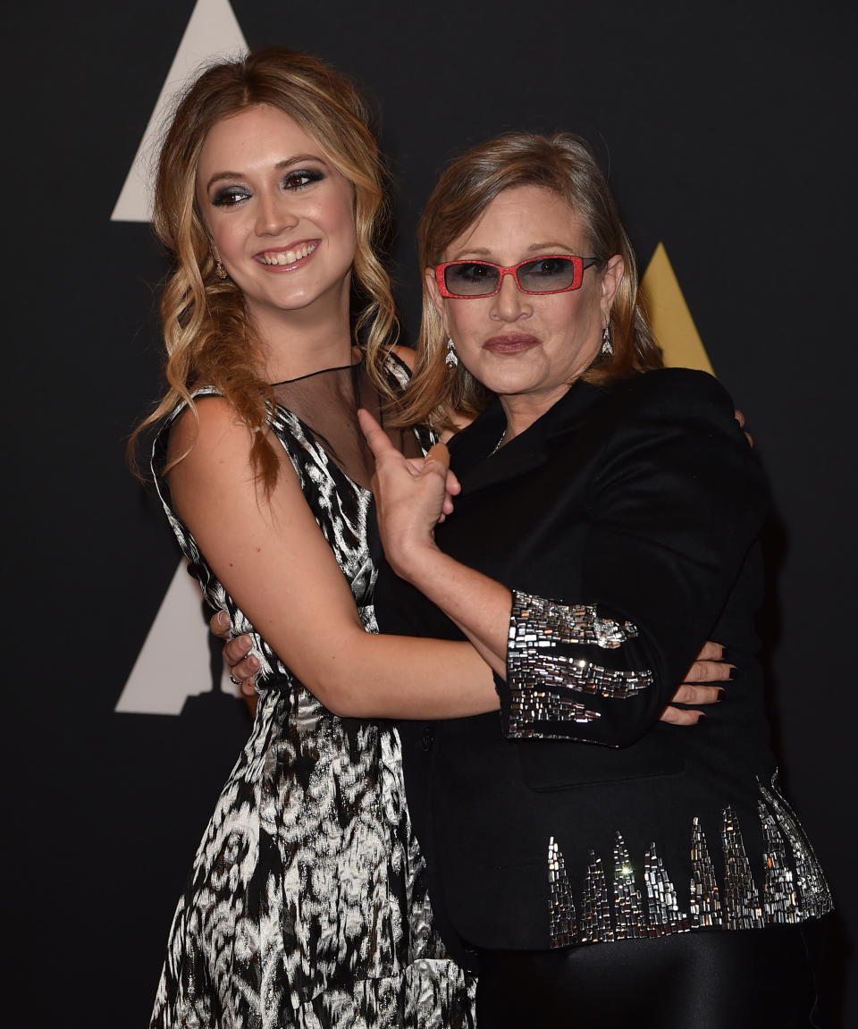 HOLLYWOOD, CA - NOVEMBER 14:  Actresses Carrie Fisher (L) and Billie Catherine Lourd attend the Academy of Motion Picture Arts and Sciences' 7th annual Governors Awards at The Ray Dolby Ballroom at Hollywood & Highland Center on November 14, 2015 in Hollywood, California.  (Photo by Kevin Winter/Getty Images)