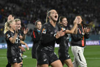New Zealand's Gabi Rennie celebrates with teammates at the end of the Women's World Cup soccer match between New Zealand and Norway in Auckland, New Zealand, Thursday, July 20, 2023. New Zealand won the match 1-0. (AP Photo/Andrew Cornaga)