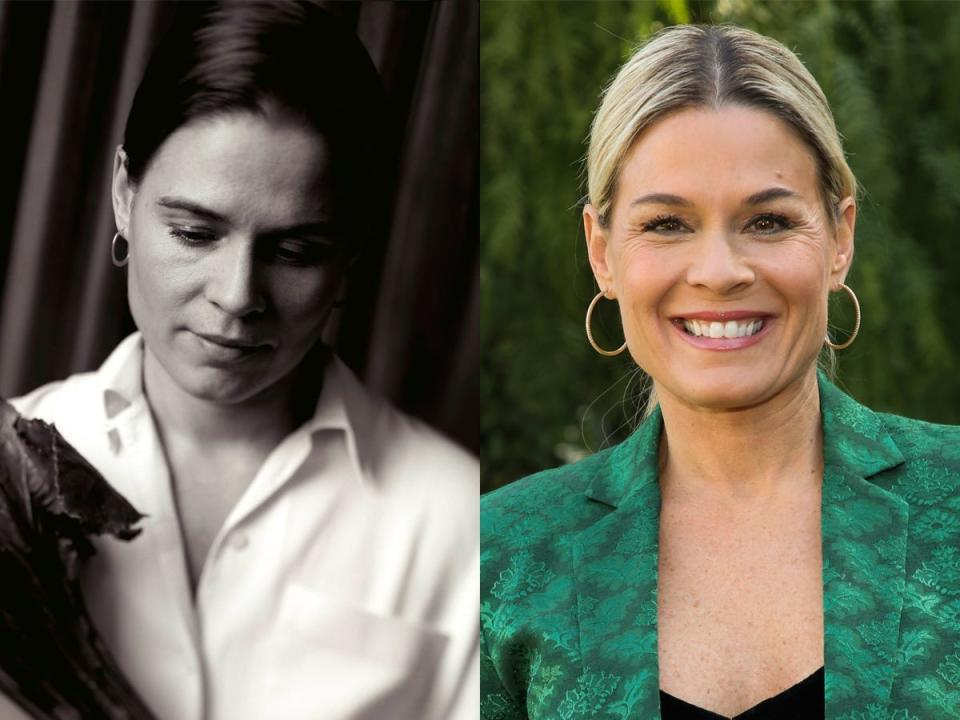On the left, Cat Cora in a white button down. On the left, her in a green blazer.