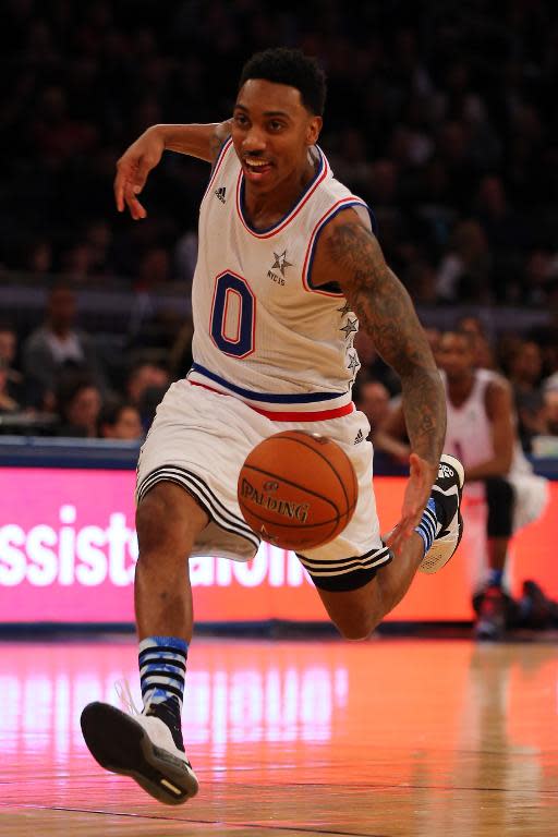 Atlanta Hawks' Jeff Teague dribbles the ball during an NBA All-Star Game at Madison Square Garden on February 15, 2015