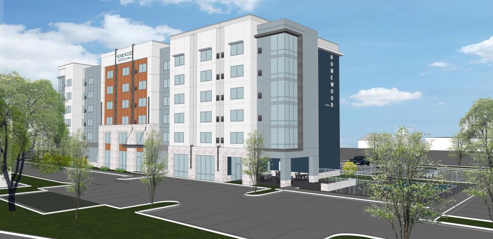 A rendering shows the what a proposed 132-room Homewood Suites by Hilton would look like from Bayfront Parkway in downtown Pensacola.