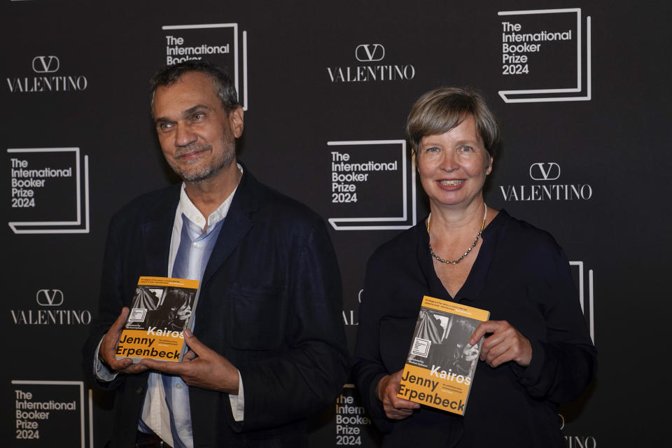 Jenny Erpenbeck, author of 'Kariros' , right, and translator Michael Hofman pose ahead of the International Booker Prize, in London, Tuesday, May 21, 2024. (AP Photo/Alberto Pezzali)