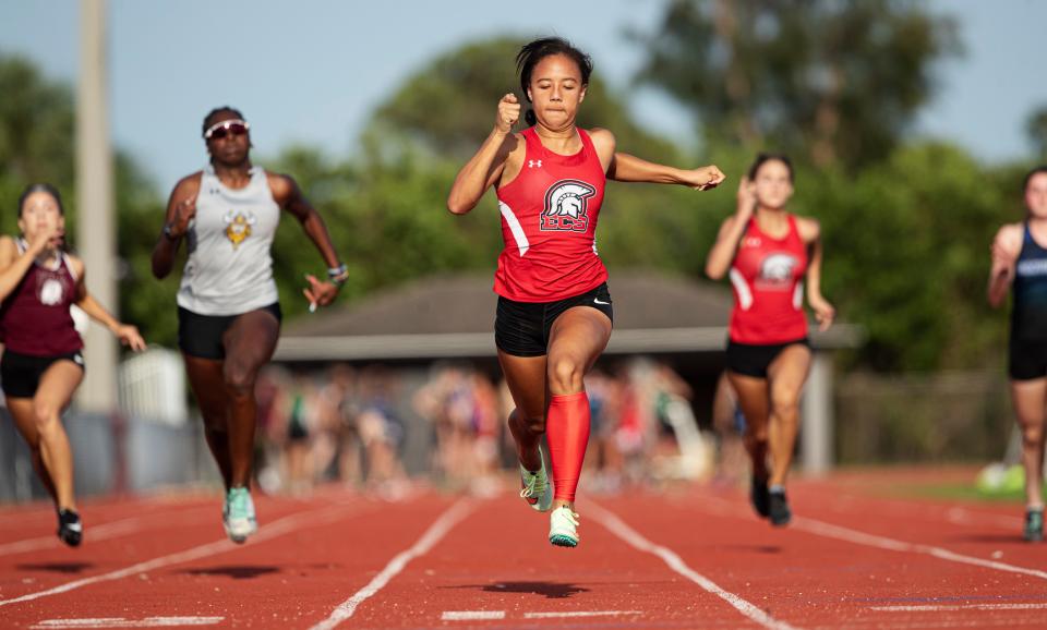 ECS’s McKenzie Travis wins the 100 at  the Private 8 meet at ECS on Friday, April 8, 2022.