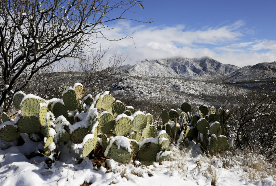 The Empire Mountains emerge from cloud cover after the second round of winter storms brought snowfall to the surrounding metro Tucson area and southeast Arizona, Jan. 2, 2019, south of Vail, Ariz. (Mike Christy/Arizona Daily Star via AP)