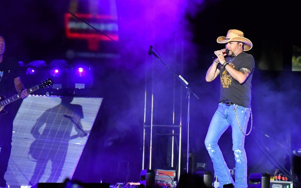 Jason Aldean performing at the Route 91 Harvest country music festival in Las Vegas on Sunday before&nbsp;the mass shooting occurred.