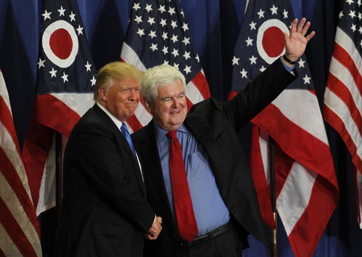 Former Speaker of the House Newt Gingrich introduces Donald Trump during a campaign rally in Ohio: John Sommers II/Getty Images