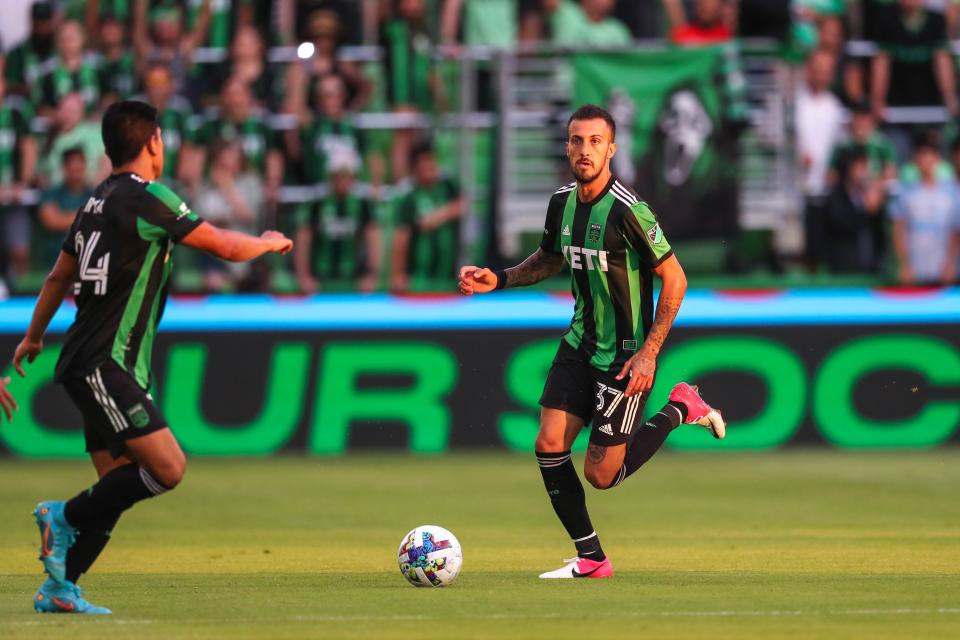 Austin FC forward Maxi Urruti looks for an open teammate during the team's 2-2 draw against Orlando City SC at Q2 Stadium on Sunday. Austin came back from a early first-half 2-0 deficit for the tie.