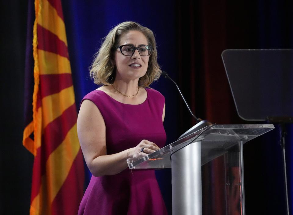 U.S. Sen. Kyrsten Sinema, D-Ariz., speaks at the Arizona Chamber of Commerce and Industry update from Capitol Hill luncheon at the Arizona Biltmore in Phoenix on April 12, 2022.