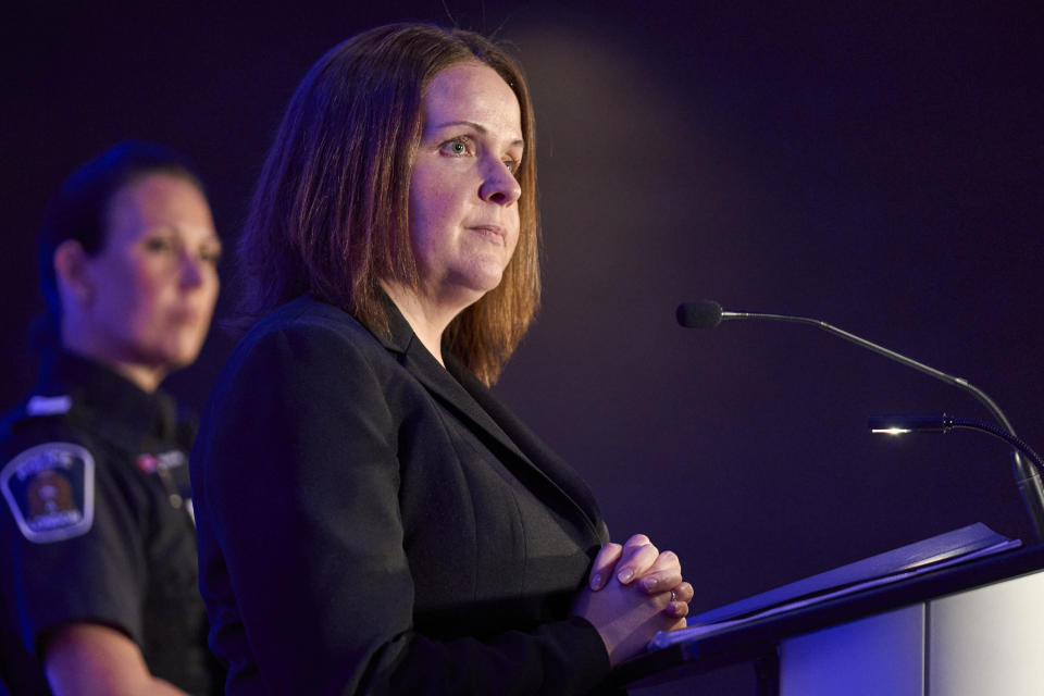 London, Ontario, Police Detective Sgt. Katherine Dann, of the Sexual Assault and Child Abuse Section, speaks during a news conference in London, Monday, Feb. 5, 2024. The police chief of London, Ontario, issued a public apology on Monday to a woman who says she was sexually assaulted by five hockey players on Canada's 2018 world junior team— four of them currently in the NHL — for the length of time it took his department to complete its investigation of a case that has rocked the sport for years. (Geoff Robins/The Canadian Press via AP)