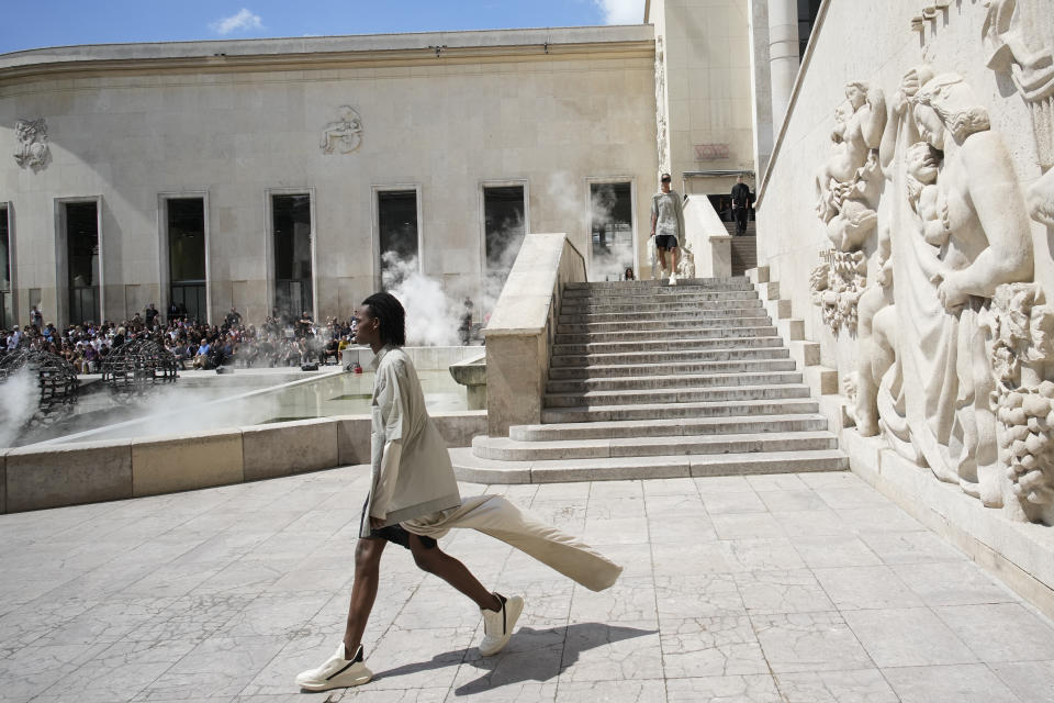 A model wears a creation as part of the Rick Owens men's Spring Summer 2023 collection presented in Paris, France, Thursday, June 23, 2022. (AP Photo/Christophe Ena)