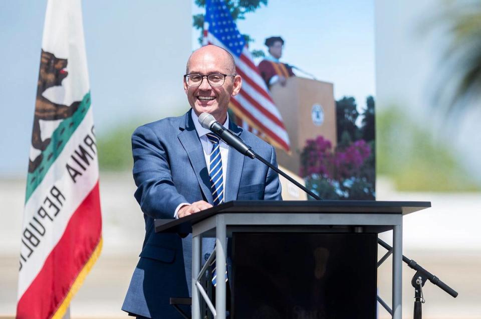 Merced College President Chris Vitelli speaks during the Merced College State of the College address in Merced, Calif., on Thursday, April 25, 2024. During the event, former Merced College President Dr. Ben Duran and his wife Dr. RoseMary Parga Duran, former Merced City School District Superintendent, were honored with the President’s Medallion Award recognizing them as among the college’s greatest supporters. Merced College’s Business Resource Center, located at 630 W. 19th Street, has been renamed the Dr. Benjamin T. Duran Business Resource Center. Andrew Kuhn/akuhn@mercedsun-star.com