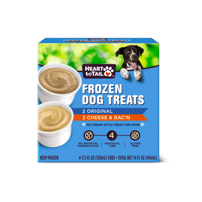 blue box of frozen dog treats with a smiling dog