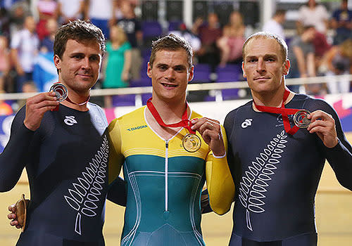 Matt Archibald celebrates after his bronze medal-winning effort on the track at the Commonwealth Games