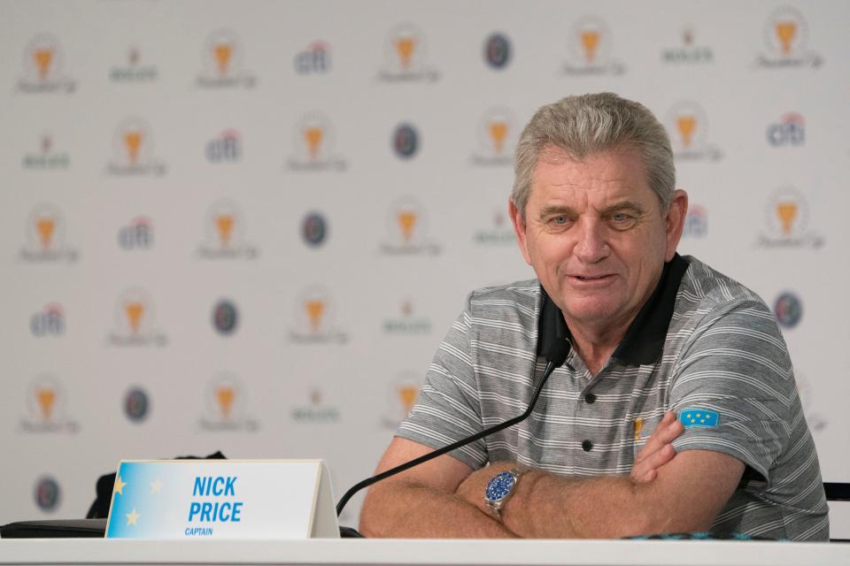 International Team captain Nick Price addresses the media in a press conference.