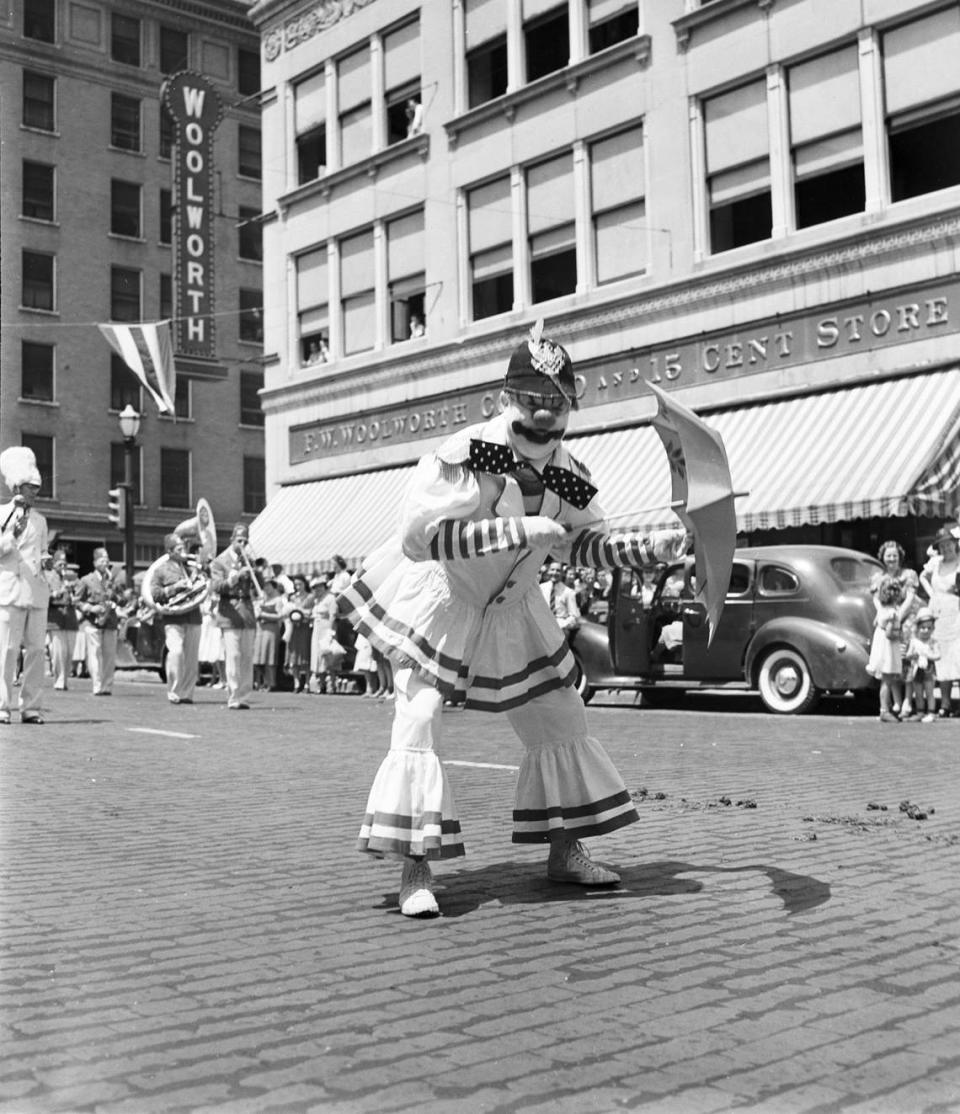 May 27, 1939: All state Shriners Association in Fort Worth parade through downtown. Albert Marx, a Houston businessman, dressed as clown.