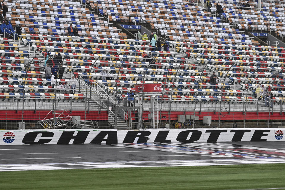 Rain causes a delay of a NASCAR Cup Series auto race at Charlotte Motor Speedway Sunday, May 28, 2023, in Concord, N.C. (AP Photo/Matt Kelley)