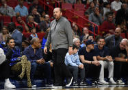 New York Knicks coach Tom Thibodeau watches his team play the Miami Heat during the first half of an NBA basketball game, Wednesday, March 22, 2023, in Miami, Fla. (AP Photo/Michael Laughlin)