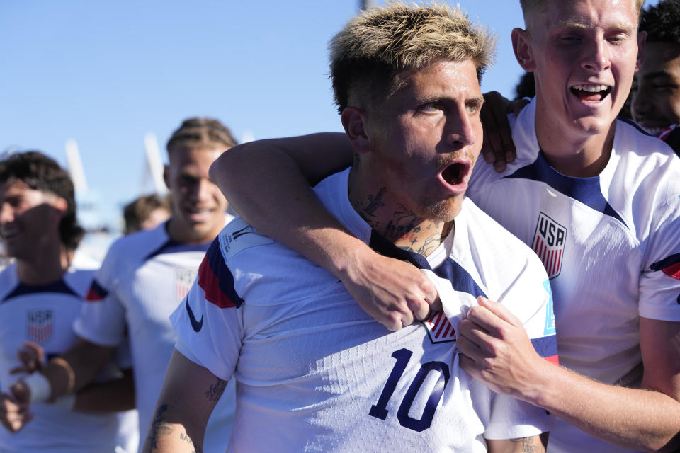 Diego Luna of the United States celebrates scoring the opening goal against Fiji during a FIFA U-20 World Cup Group B soccer match at the Bicentenario stadium in San Juan, Argentina, Tuesday, May 23, 2023. (AP Photo/Natacha Pisarenko)