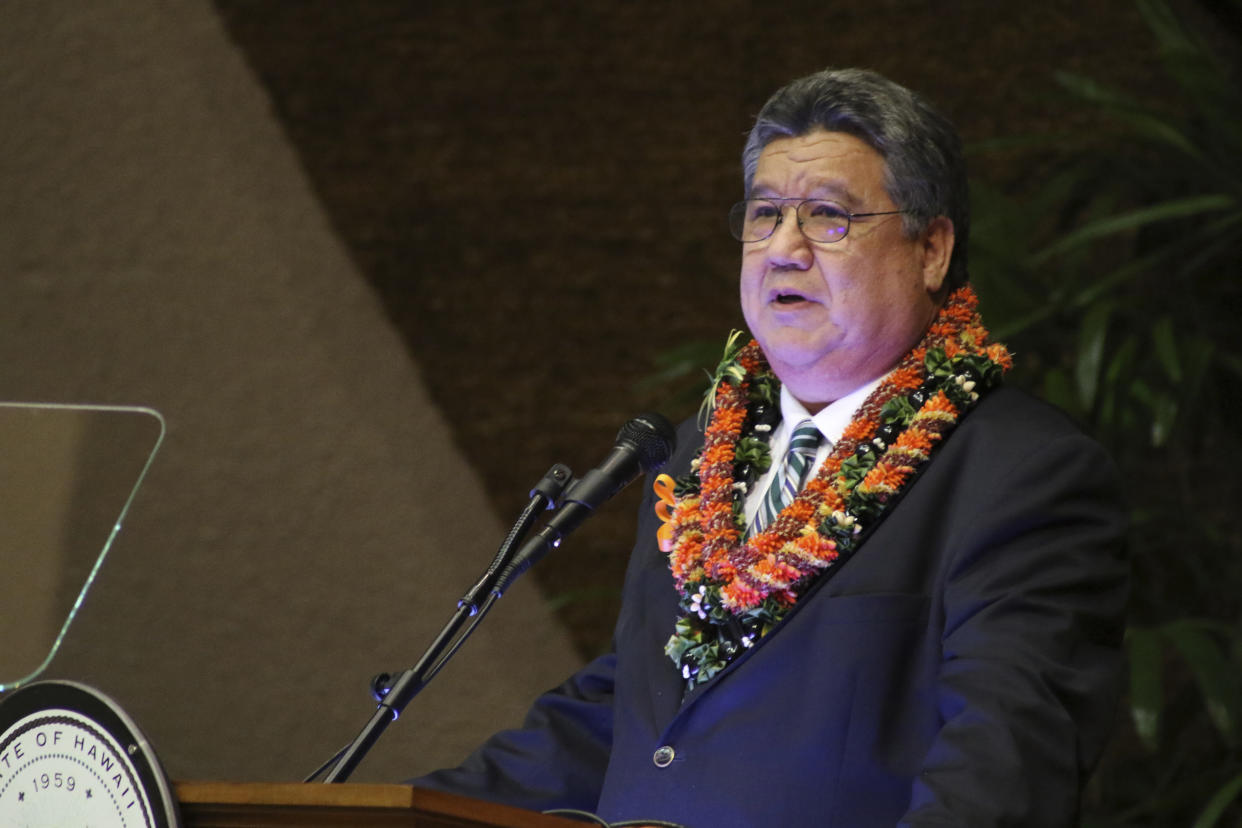 Senate President Ron Kouchi speaks during a joint session of the state Legislature in Honolulu, after Hawaii Gov. Josh Green delivered his State of the State address on Monday, Jan. 23, 2023. (AP Photo/Audrey McAvoy)