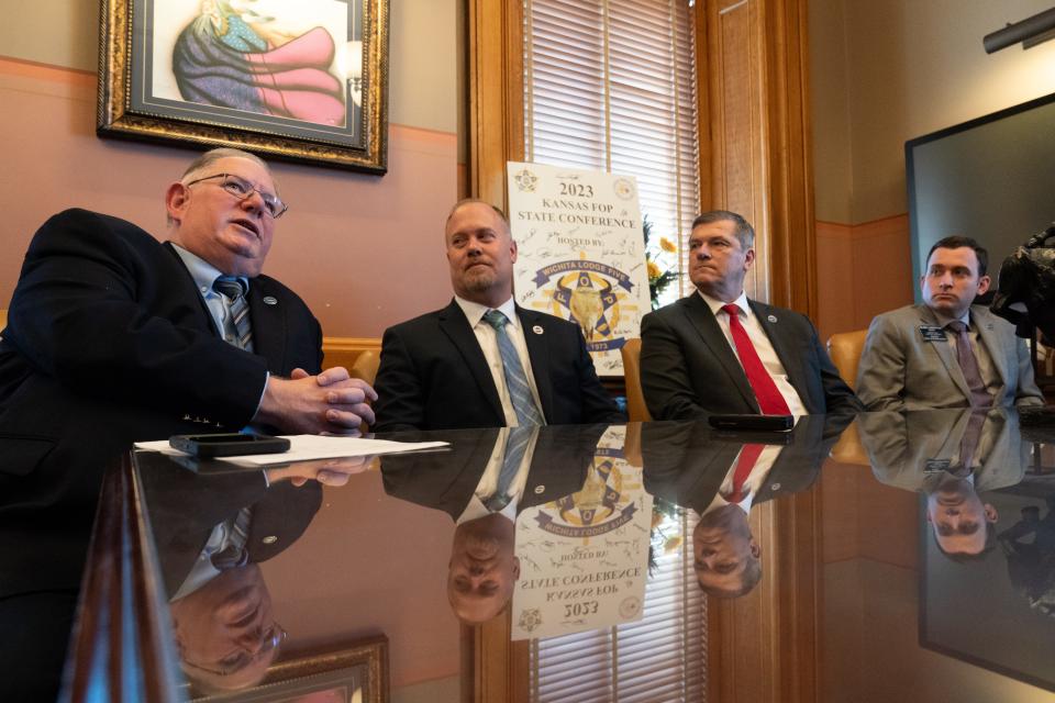 From left, House Speaker Dan Hawkins, R-Wichita; Rep. Adam Smith, R-Weskan; House Majority Leader Chris Croft, R-Overland Park; and Speaker Pro Tem Blake Carpenter, R-Derby; discuss their new tax plan at a Tuesday morning news conference.