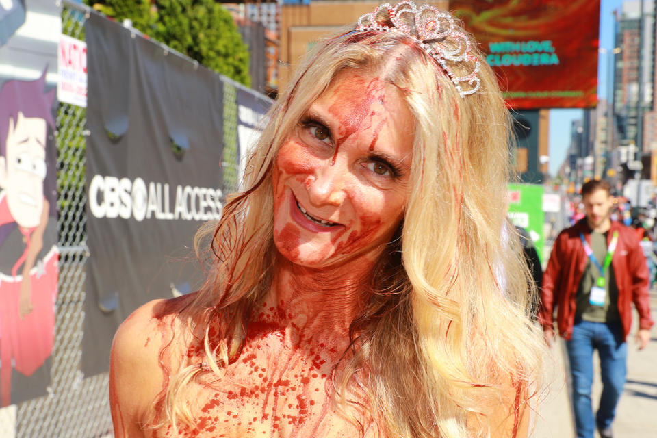 A cosplayer dressed as "Carrie" shows up for the New York Comic Con 2019  covered in blood at Jacob Javits Center on Oct. 5, 2019 in New York City. (Photo: Gordon Donovan/Yahoo News)