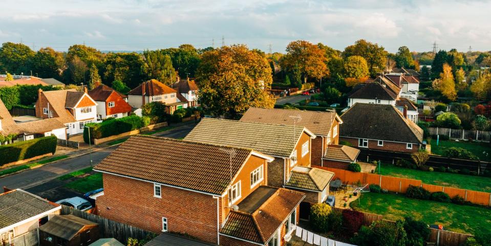 an elevated view of suburban england