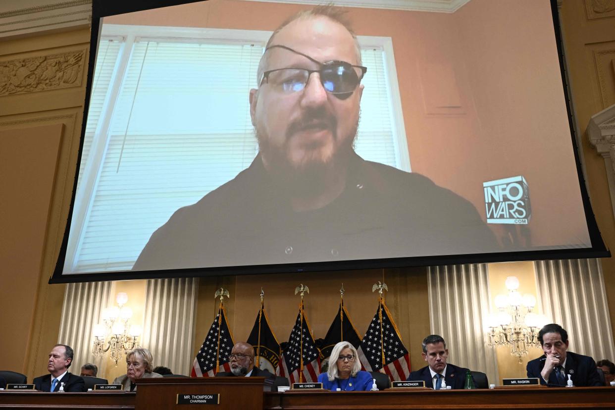 Stewart Rhodes, founder of the Oath Keepers, is seen on a screen during a House Select Committee hearing to Investigate the January 6th Attack on the U.S. Capitol. Rhodes is an Army veteran.