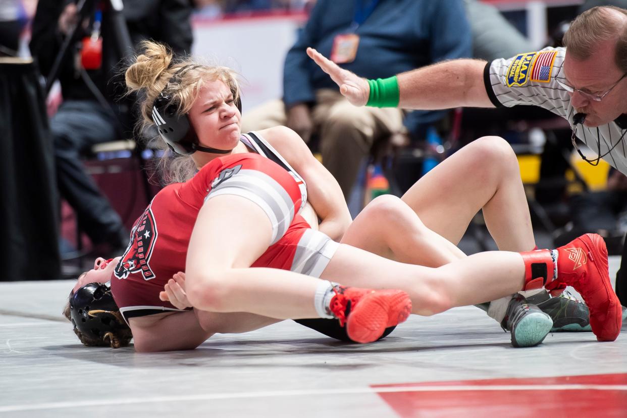 South Western's Natalie Handy (rear) controls General McLane's Ashley Campbell in a 106-pound first round bout during Thursday's inaugural PIAA girls wrestling tournament at Hershey's Giant Center. Handy won Girls' Wrestling Championships at the Giant Center on March 7, 2024, in Hershey. Handy won by q 17-0 technical fall in 3 minutes, 36 seconds.