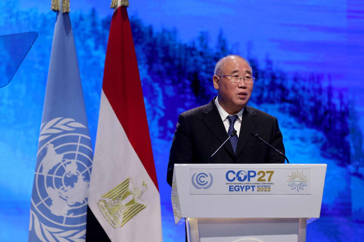 China's special climate envoy Xie Zhenhua delivers a speech at the COP27 climate conference.