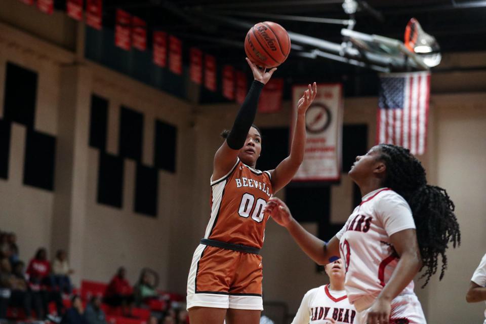 Beeville's Carrah Davis shoots during the game at West Oso High School on Tuesday, Jan. 10, 2023, in Corpus Christi Texas.