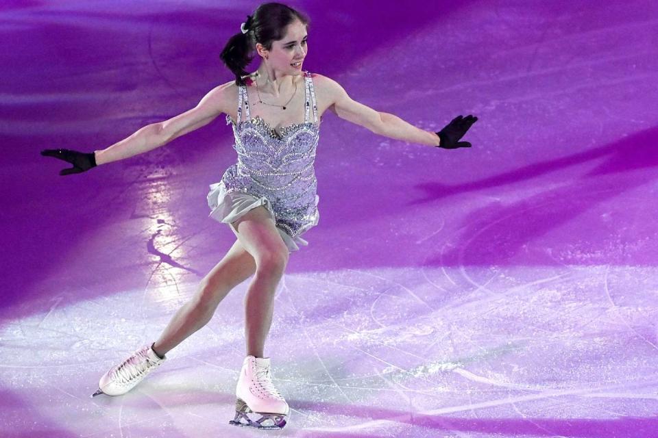 <p>EBASTIEN SALOM-GOMIS/AFP via Getty</p> American figure skater Isabeau Levito performs in the Gala Exhibition at the ISU 2023 figure skating Grand Prix de France in Angers on Nov. 5, 2023.