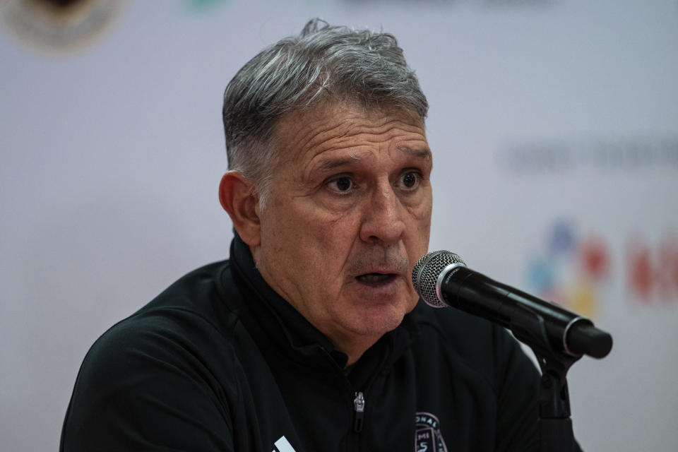 Inter Miami's coach Gerardo "Tata" Martino speaks during a press conference after the friendly football match between Hong Kong Team and US Inter Miami CF at the Hong Kong Stadium in Hong Kong, Sunday, Feb. 4, 2024. (AP Photo/Louise Delmotte)